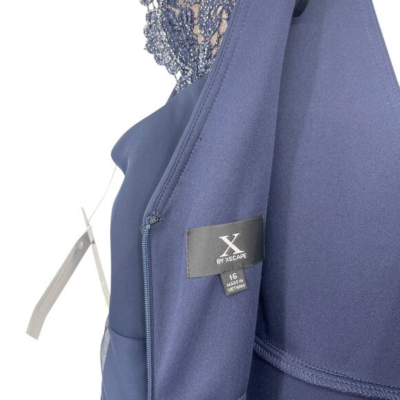 X BY XSCAPE Lace-Sleeve Chiffon Gown Navy Blue Size 16 NEW with tags! NWT - Picture 11 of 11